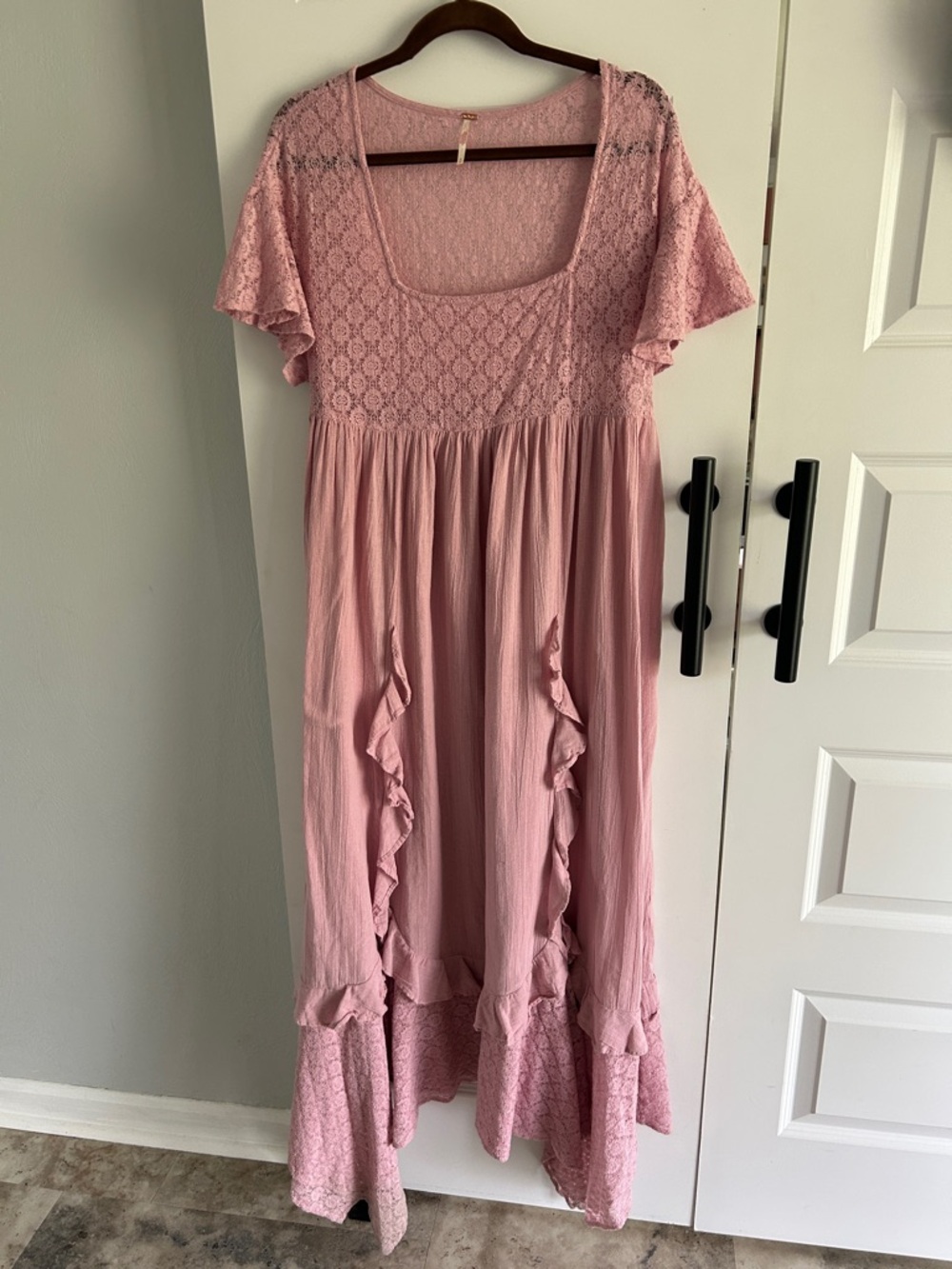Free People Pink Lace & Ruffle Maxi Dress medium